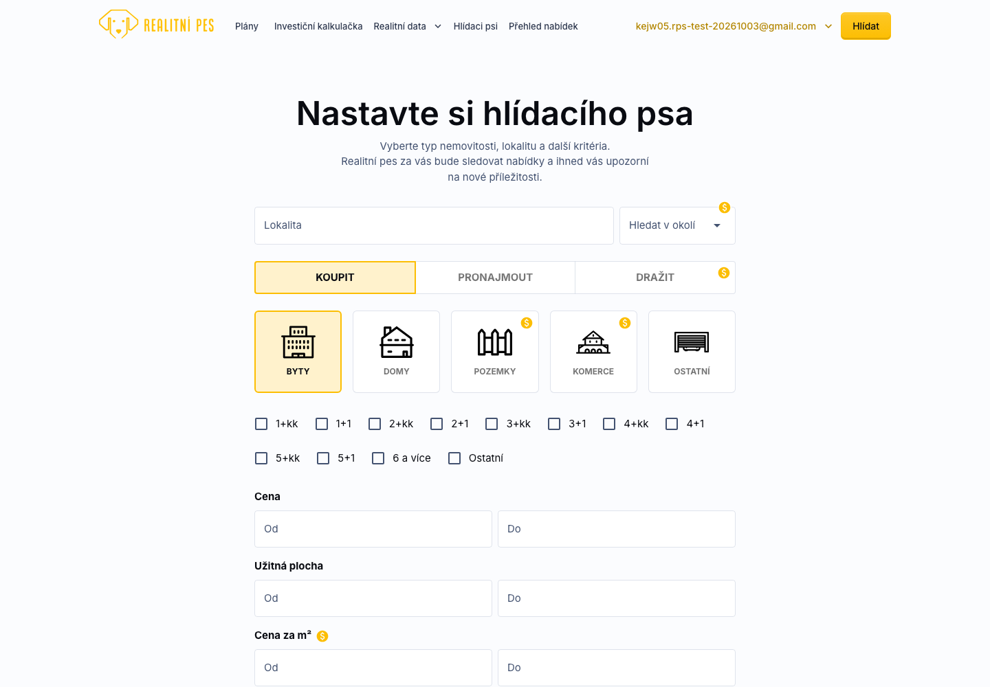 Formulář pro vytvoření hlídacího psa s volbou lokality, typu nemovitosti a dispozice
